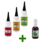 Lot des 3 colles cyanoacrylate (fluide, semi-fluide, épaisse) + Accélérateur flacon vaporisateur 56 gr. - OFFRE SPECIALE !