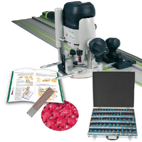 Défonceuse Festool OF1010 EBQ+FS + rail 800 + coffret 66 fraises+ serre-joints + pierre + tapis + guide HMDiffusion